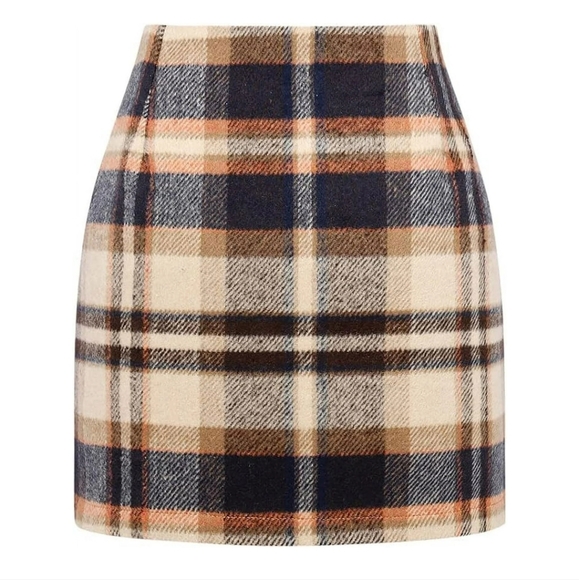Womens Wool Blend Plaid High Waist Mini Skirt - Cream,Navy, Brown, Size M, NWT - Picture 1 of 10